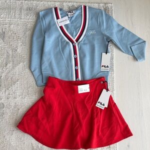 Fila x Bandier Light Blue Cardigan and Red Skort Set
